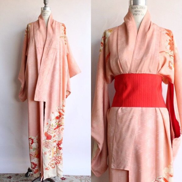 vintage Other - Vintage Kimono Robe with Obi, Silk Japanese Chu Furisode Pink with Flowers